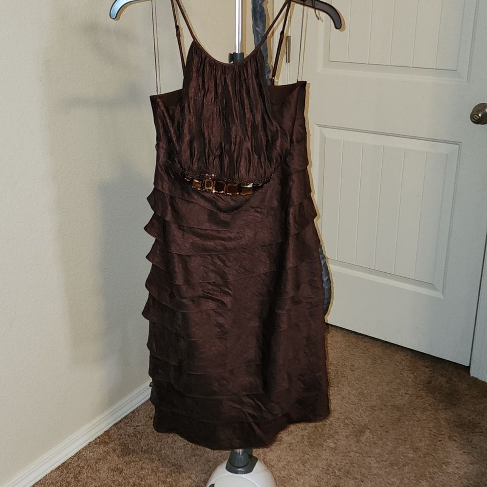 Vintage Cache Brown Dress with Ruffles and Stone Accents